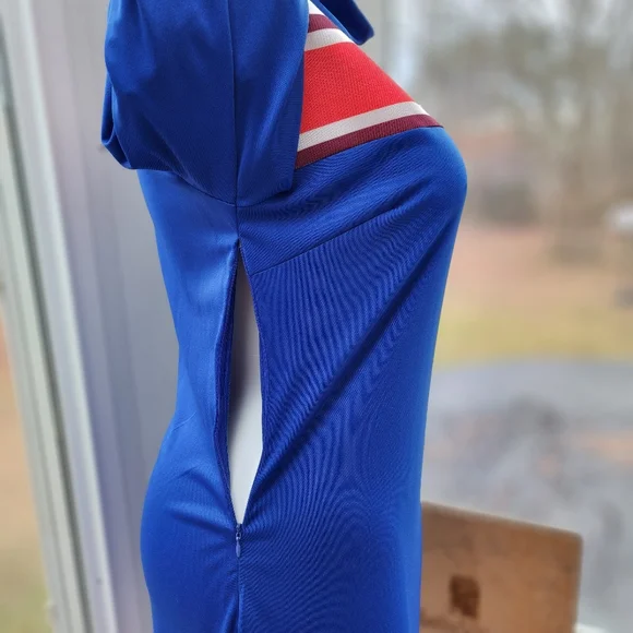 Royal Blue Red & White Ribbed Striped Mock Neck Maxi Column Knit Dress - Picture 11 of 16